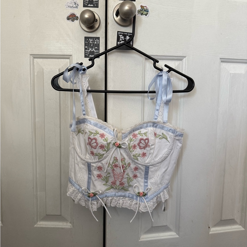 For Love And Lemons Cream and Blue Lace Corset